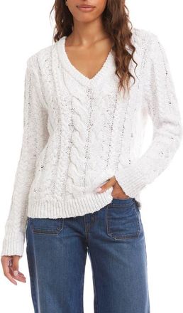 Karen Kane Cable Stitch V-Neck Cotton Sweater in Off White at Nordstrom, Size X-Large