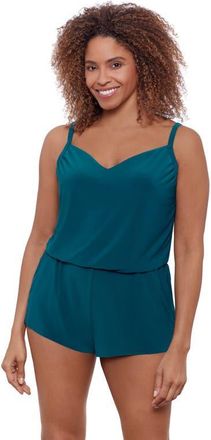 Aqua Green V-Neck Blouson Slimming Swimsuit Romper with Pockets in Lagoon at Nordstrom, Size X-Large