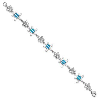 Diamond2Deal Sterling Silver Rhod-pltd 7in Creat Bl. Opal Tortoise with Flower Bracelet
