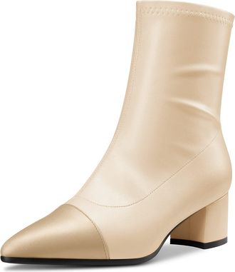 Castamere Chunky Block Mid Heel Pointed Cap Toe Ankle Boots Short Bootie Zipper Party Basic Classic 5 CM Heels Beige 5.5 UK