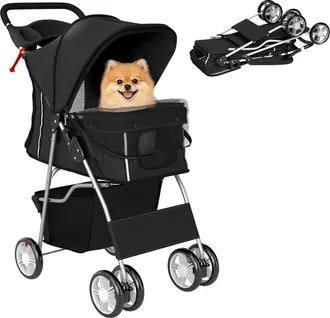 OEM Carrito Para Perros Peque&ntilde;os Con Cesta De Almacenaje Portavasos Ruedas Y Coj&iacute;n Lavable 77x44x102 Cm Negro