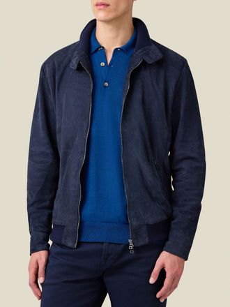 Luca Faloni Navy Blue Leather Classic Bomber Jacket