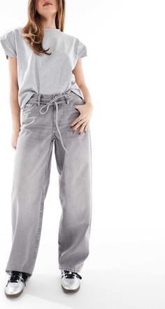 Only Gianna mid waist baggy jeans with tie waist in washed gray