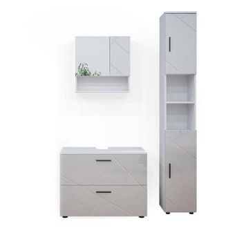 Vicco Conjunto De Muebles De Ba&ntilde;o Irma, Blanco Alto Brillo, 3 Piezas, Con Cajonera Y Mueble Alto
