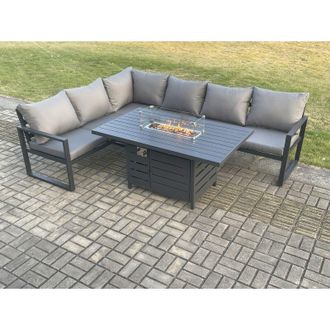 Fimous Aluminium Outdoor Garden Furniture Corner Sofa Gas Fire Pit Dining Table Sets Gas Heater Burner Dark Grey 6 Seater - Fimous