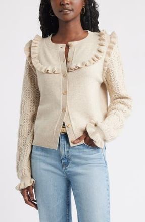 Treasure & Bond Pointelle Ruffle Wool & Cashmere Cardigan in Beige Oatmeal Light Heather at Nordstrom Rack, Size Xx-Small