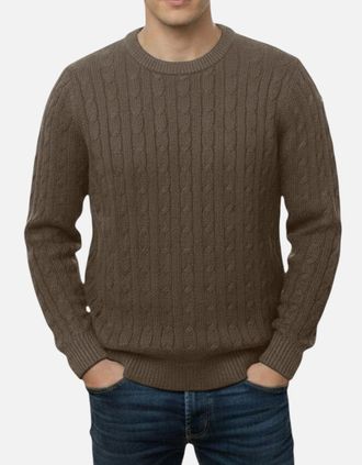 Firetrap Mens Mens Cable Knit Sweatshirt Chunky Crew Neck Pullover Cotton Winter Warm Jumper - Brown - Size: 36