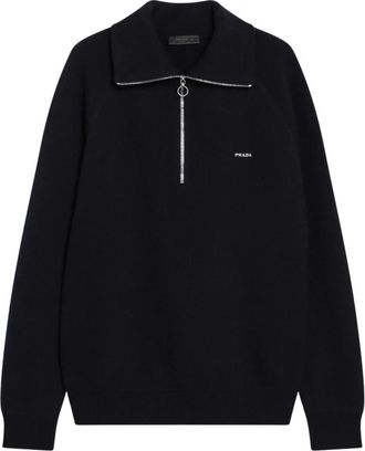 Prada Gebreide Polo - Heren - Vesten met rits - Blauw - M - Wol - Hoodies & sweatvesten