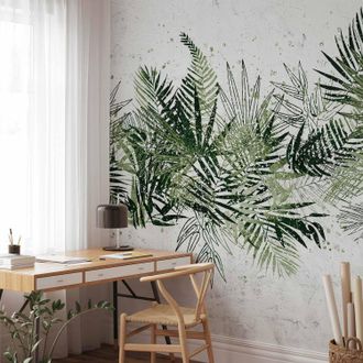 OEM Murale Da Parete - Giungla E Pennacchio Verde - Grandi Foglie Tropicali Su Sfondo Bianco
