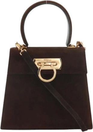 Ferragamo Pre-owned Handbags, female, Brown, Size: ONE SIZE Pre-owned Gancini Suede 2way Bag
