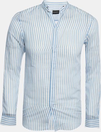 Emporio Armani Blue Striped Cotton Blend Madeiran Collar Shirt