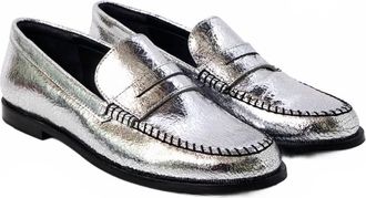Free People Womens Blanket Stitch Loafer In Pale Pewter Leather
