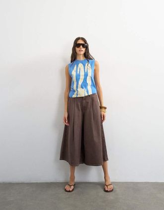Topshop Pantaloni cuolotte in denim a pieghe marrone risciacquato