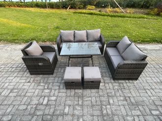 Fimous 8 Seater Outdoor Rattan Garden Furniture Set Patio Lounge Sofa Set with Dining Table 2 Small Footstools Dark Grey Mixed