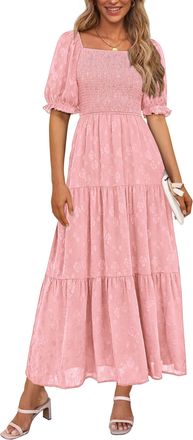 PrettyGarden Womens 2026 Summer Casual Midi Dresses Square Neck Short Sleeve Smocked A Line Floral Flowy Elegant Boho Dress, Pink, XL