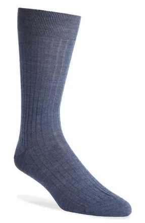 Canali Ribbed Wool Blend Socks in Blue at Nordstrom, Size Medium