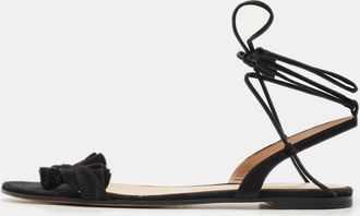 Gianvito Rossi Black Suede Ruffle Detail Ankle Wrap Flat Sandals