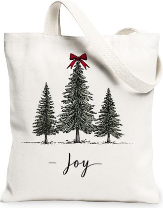 Generic Christmas Trees Canvas Tote Bags, Joyful Winter Design Reusable Grocery Bags, Lightweight Washable Shoulder Strap Tote for Outdoor Travel Beach Picnic