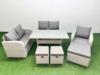 Fimous High Back Poly Rattan Garden Furniture Set w/ Reclining Chair Loveseat Sofa Rectangular Dining Table Indoor Outdoor Patio Set 3 Stools Light