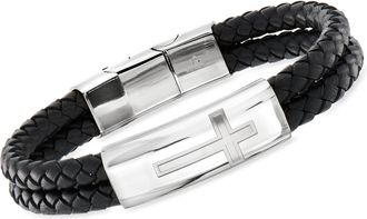 Ross-Simons Mens Stainless Steel Cross Bracelet With Black Leather