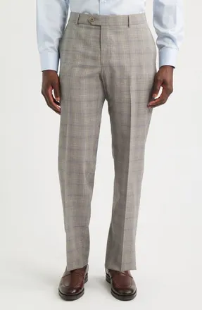 Berle Light Grey Plaid Flat Front Wool Dress Pants in Sand at Nordstrom, Size 34