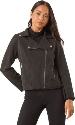 Roman Womens Petite Faux Suede Biker Jacket - Black - Size 10 UK