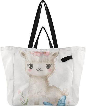 Generic Floral Llama Blue Butterfly print Reusable Canvas Tote Bag, Heavy Duty Grocery Shopping Bag with Large Capacity Double Handles Hard Bottom Work Grocer