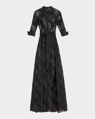 Teri Jon A-Line Organza Jacquard Shirt Gown