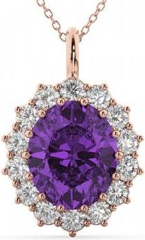 Allurez Oval Amethyst & Diamond Halo Pendant Necklace 14k Rose Gold (6.40ct)