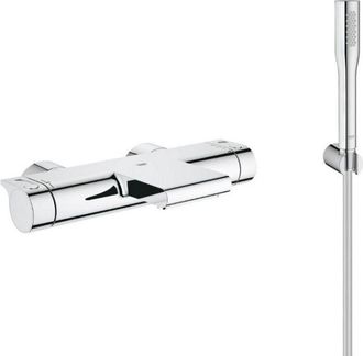 GROHE Grohtherm 2000 Conjunto Mezclador Termost&aacute;tico Ba&ntilde;o/ducha + Teleducha 1 Chorro + Flexible Y Soporte Pared, Cromo (34174001-eupho