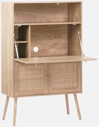 Sweeek Sweeek - Escritorio de 2 puertas con estantes, efecto madera y caña, Boheme, Natural, 90x38x138 cm