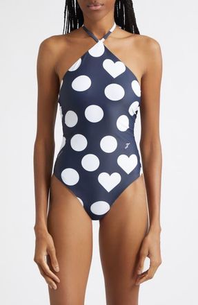 Jacquemus Le Bastide One-Piece Halter Swimsuit in Print Dots Heart Navy at Nordstrom, Size X-Small