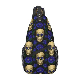 Generic Skulls Blue Flowers Flower Chest Bag Trendy Cross Body Bag Anti Theft Backpack For Casual Camping Sports