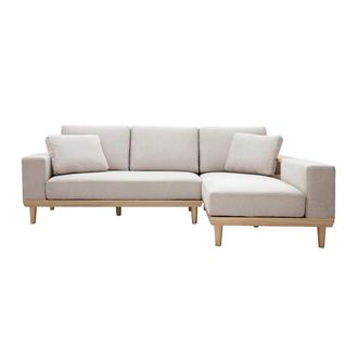Miliboo Sof&aacute; Chaise Longue A La Derecha 5 Plazas Con Almacenaje De Tela Texturizada Beige Efecto Aterciopelado Y Madera Clara Komao