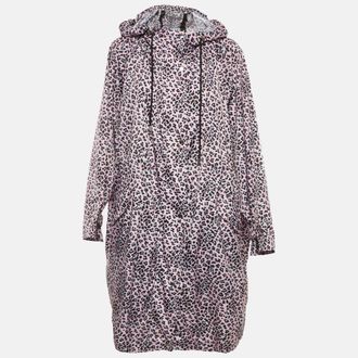 Maje Pink Leopard Print Synthetic Zip-Up Hooded Long Coat