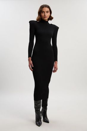 Karen Millen Womens Petite Viscose Blend Rib Knit Power Shoulder Long Sleeve Military Trim Maxi Dress - Black Polyamide - Size Small