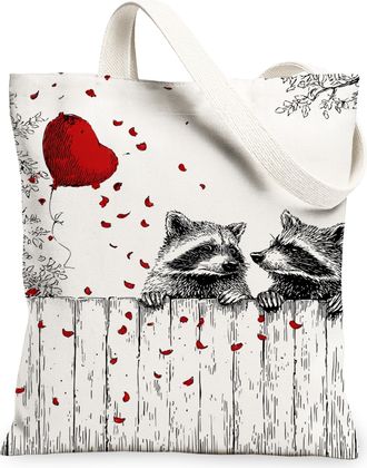 Generic Raccoon Canvas Tote Bags, Cute Animal Love Pattern Reusable Grocery Bags, Spring Floral Lightweight Washable Shoulder Strap, White, 13x15 Inch