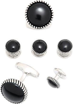 Link Up Classic Round Gemstone Cufflinks and Tuxedo Studs with Textured Border in Black at Nordstrom