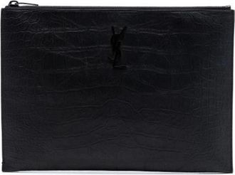 Saint Laurent Pre-owned Clutches, female, Black, Size: ONE SIZE Pre-owned Croc Embossed Leather Clutch