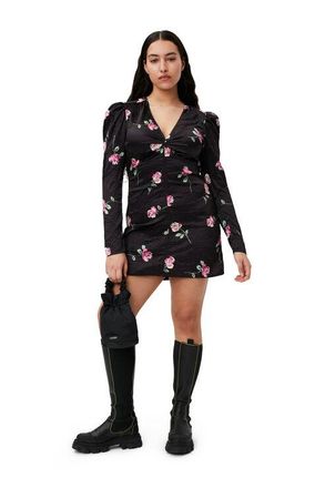 Ganni Crinkled Satin V-neck Mini Dress in Black Size 10 Womens