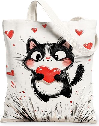 Generic Cute Cat Canvas Tote Bag, Adorable Heart Print Reusable Shopping Bags, Lightweight Washable Shoulder Strap Tote for Travel, White, 13x15 Inch