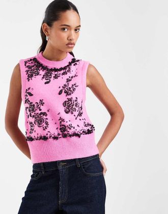 Asos canotta in maglia decorata rosa acceso