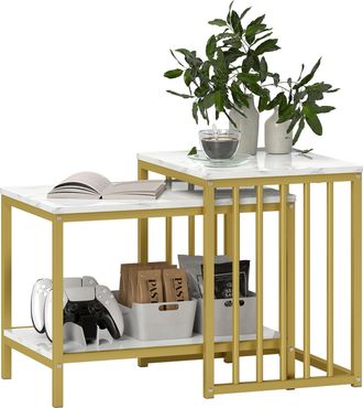 HOMCOM Modern Coffee Table Set Of Two W/ Steel Frame Marble-Effect Gold Tone | TJ Hughes