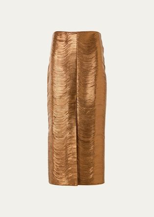 Akris Embroidered Lame Nappa Leather Midi Pencil Skirt