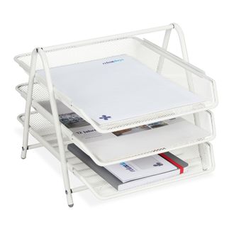 Relaxdays 3 Organizadores Oficina 3 Niveles, Bandeja Documentos Metal, Soportepara Papel A4, 26,5x29,5x 35,5 Cm, Blanco