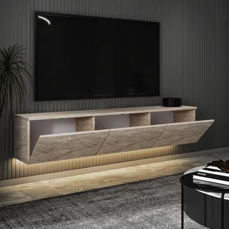 Dmora Mobile Porta Tv Carosino, 3 Vani, 3 Ante, Apertura A Ribalta, 160x32x35h Cm Beige Marmo