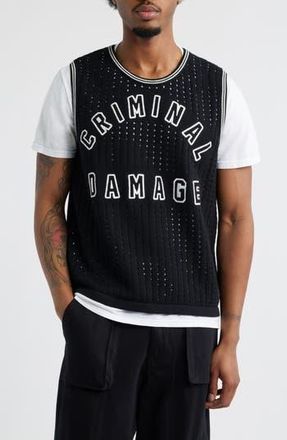 Criminal Damage Varsity Open Knit Tank in Black at Nordstrom Rack, Size Xx-Large