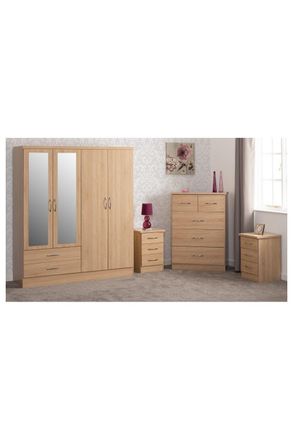 Seconique Nevada 4 Door 2 Drawer Mirrored Wardrobe Bedroom Set in Light Oak