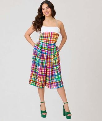 Unique Vintage Wide Leg Nancy Romper in White Plaid at Nordstrom, Size X-Small