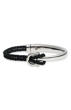 Ferragamo Gancio Braided Leather Bracelet in Black/Silvertone at Nordstrom